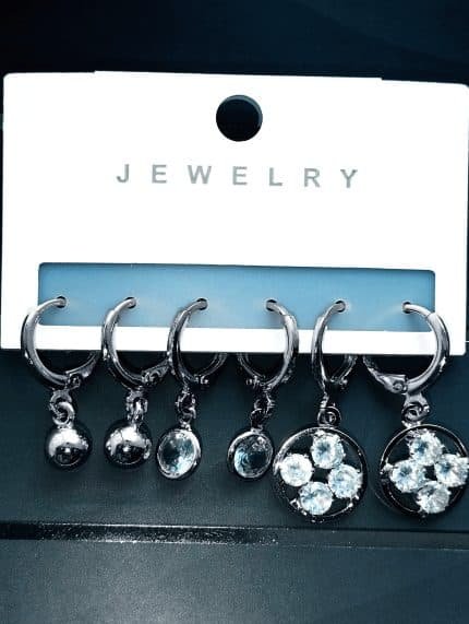 Rhinestone round Drop Earrings - Silver Set of 3