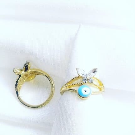 Lucky Evil Eye C zircon Butterfly  Turkish Ring - Aqua blue