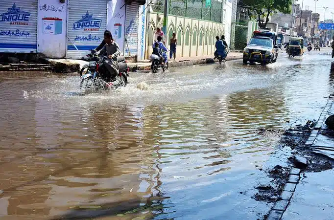 Flood water standing in a street after monsoon rain in Pakistan